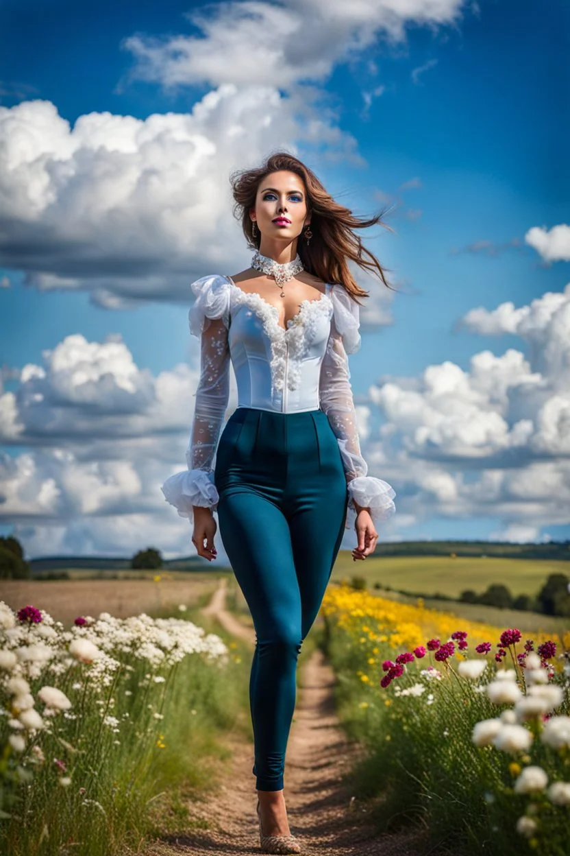 fullbody girl makeup wearing a victorian top and tight pants walking in country side ,flowers ,pretty clouds in blue sky