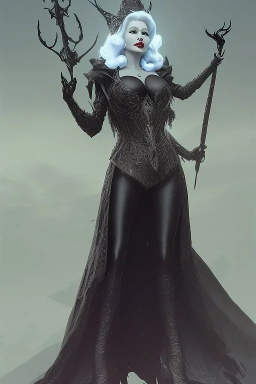 Mae West as evil queen in black leather, leather, busty, cleavage, angry, stern look. character design by cory loftis, fenghua zhong, ryohei hase, ismail inceoglu and ruan jia. unreal engine 5, artistic lighting, highly detailed, photorealistic, fantasy