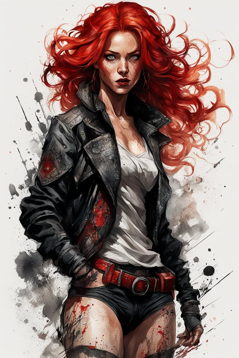 highly detailed full body character concept illustration of a red haired, Pict woman, , maximalist, sharp focus, highest resolution, in the styles of Denis Forkas , and Masahiro Ito, boldly inked, 8k, coarse, gritty textures