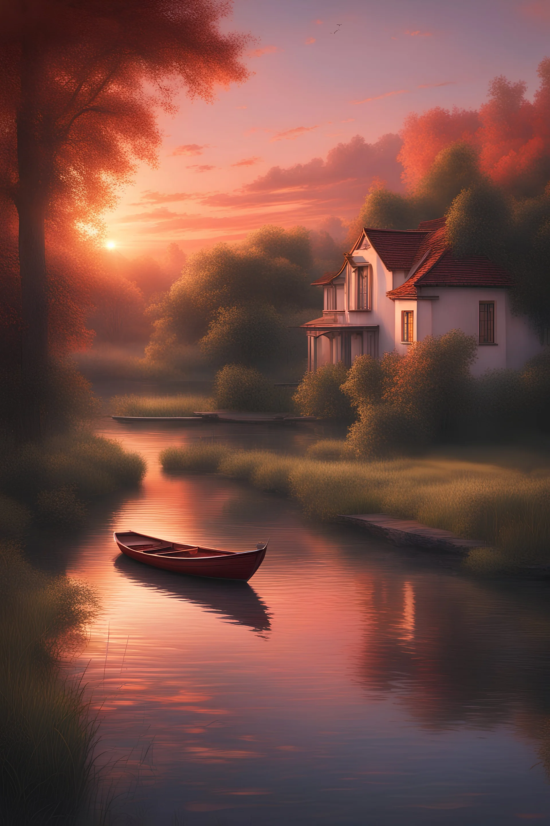 A charming villa by the river, crimson sunset, a lone rowboat