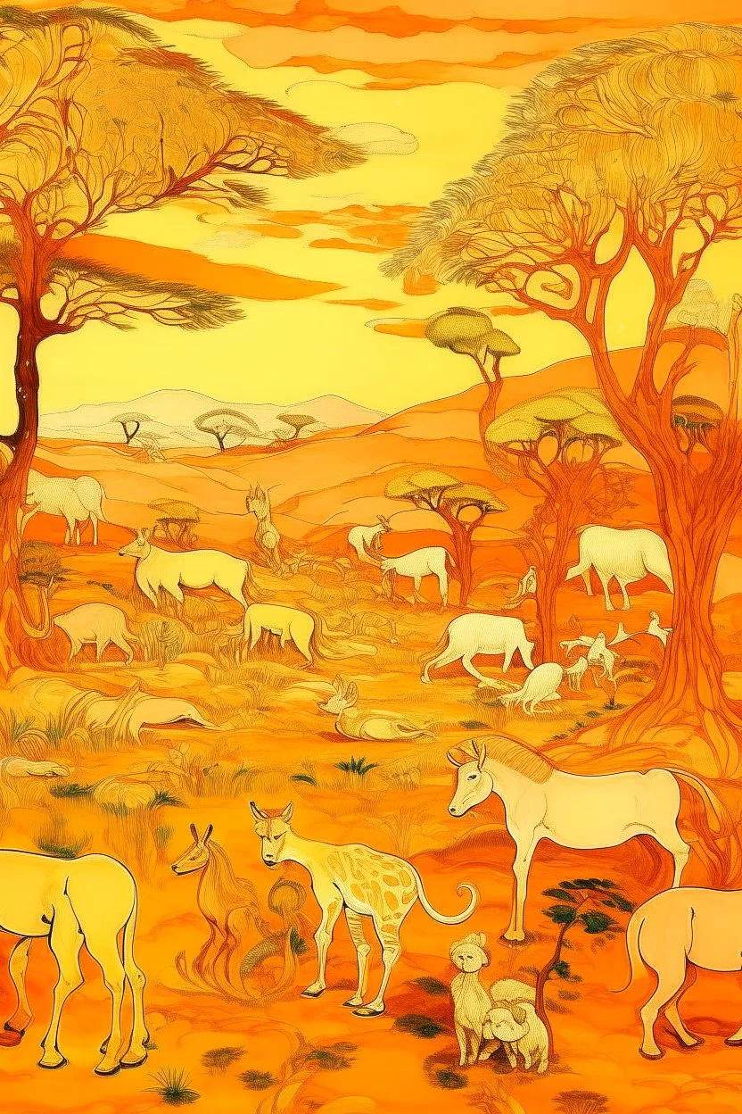 A light rosy orange savanna with animals painted by Vincent van Gogh