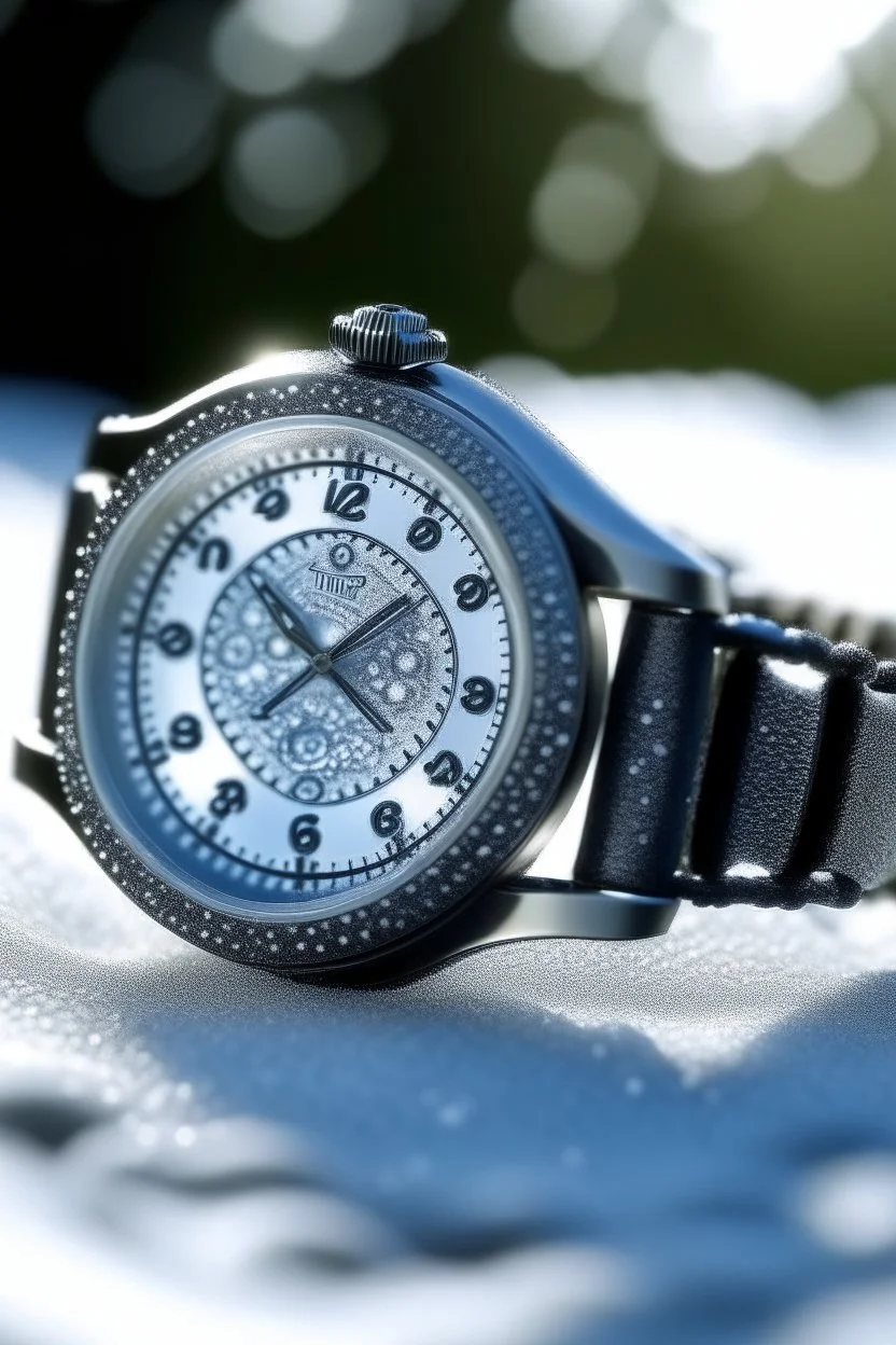 "Generate an image of a frosted watch in an outdoor, snowy setting. The watch should glisten under the winter sun, with snowflakes delicately resting on its surface."