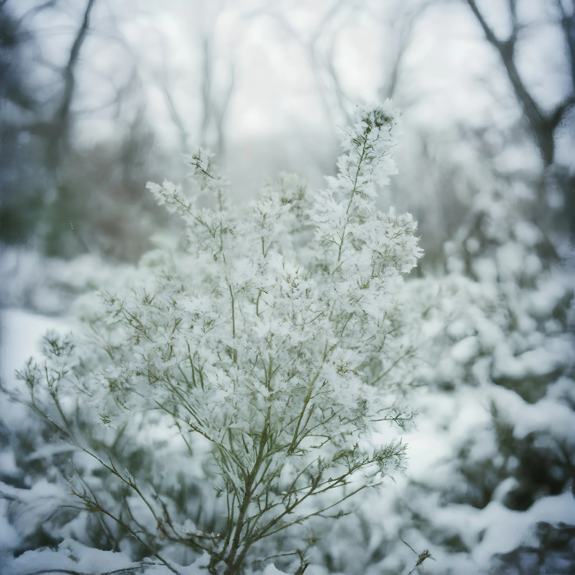 Dusty Miller foliage in the snow, polaroid