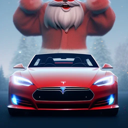 Santa claus driving his red Tesla convertible car, character design by cory loftis, fenghua zhong, ryohei hase, ismail inceoglu and ruan jia. unreal engine 5, artistic lighting, highly detailed, photorealistic, fantasy