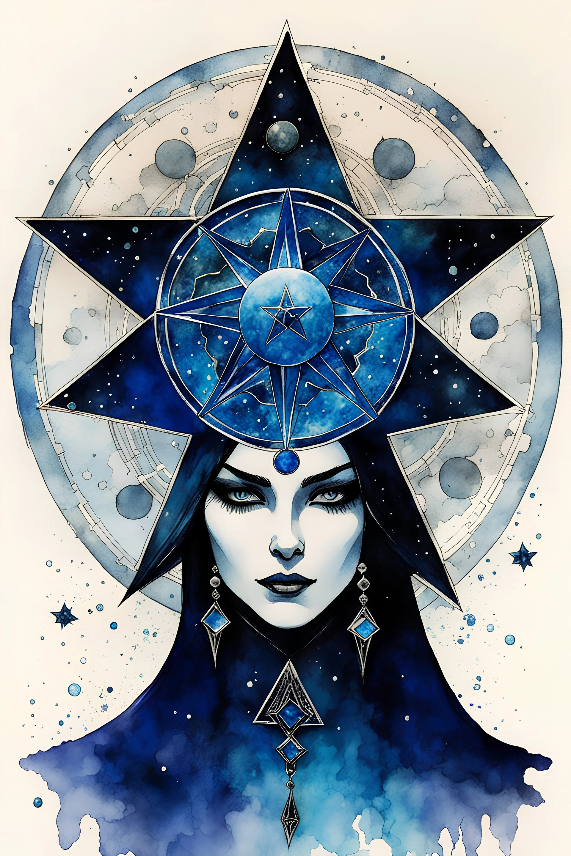 ink wash and watercolor illustration of the symbol of an ancient Catalan female vampire coven , in the form of highly detailed 12 sided star worked in lapis lazuli, aquamarine, and jade, with the all seeing eye at its center lapel pin, in the graphic novel style of Bill Sienkiewicz, Jean Giraud Moebius, and Enki Bilal