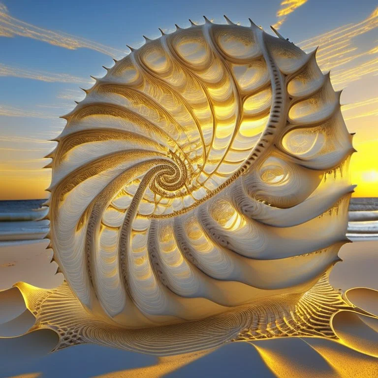 finely geometrical fractal shell, nautilus regular logarithmic spiral geometrically developed fibonacci, translucent, parametric architecture grasshopper, in the golden hour time greek island --v 5 --ar 5:8**