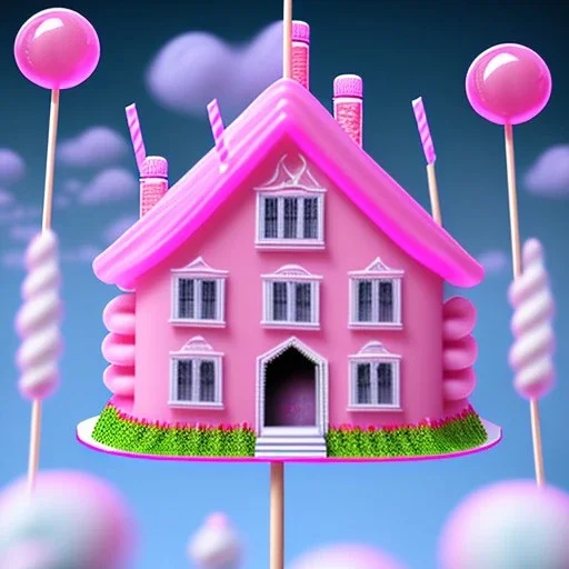 haunted cotton pink candy house with lollipops and cake monsters