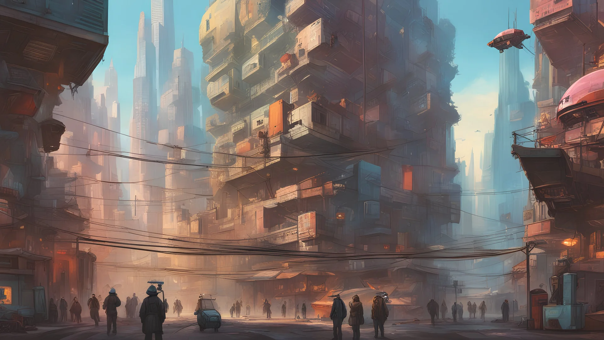 Dystopian City Dominated by Robots and Surveillance Cameras, Jordan Grimmer Style, very colorful, very detailed