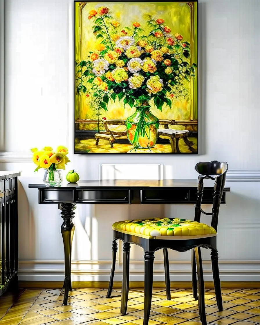 beautiful art print features yellow flowers in a chinoiserie vase sitting on a table, with black ladderback chair in background Modifiers: oil on canvas beautiful dynamic lighting crisp quality colourful acrylic art still life luminism Gustave Klimt style raw beautiful oil on canvas beautiful oil on canvas oil on canvas
