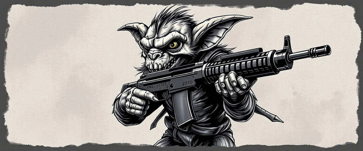 air brush 3d with pen outline, mongrel goblin gremlin holding uzi, charcoal border