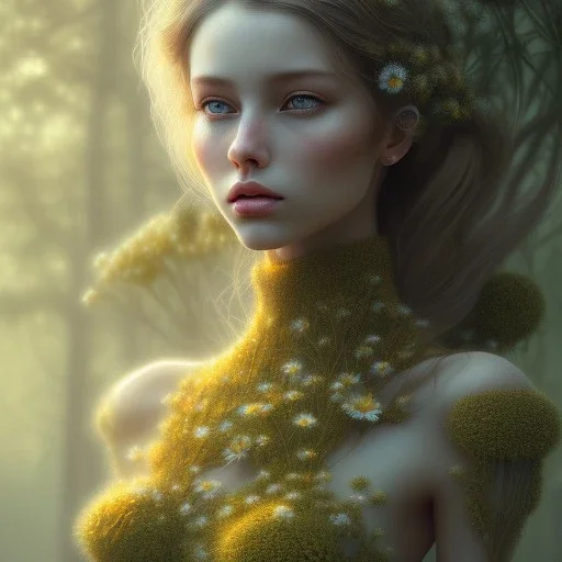 daisy beautiful girl,utra realistic,highly detailed, masterpiece, sharp focus, insanely detailed, honeybee, fantasy art, intricate detailed, elegant, fog, Special Lighting, Vibrant, color Scheme, forest, unreal engine 5, trending on artstation