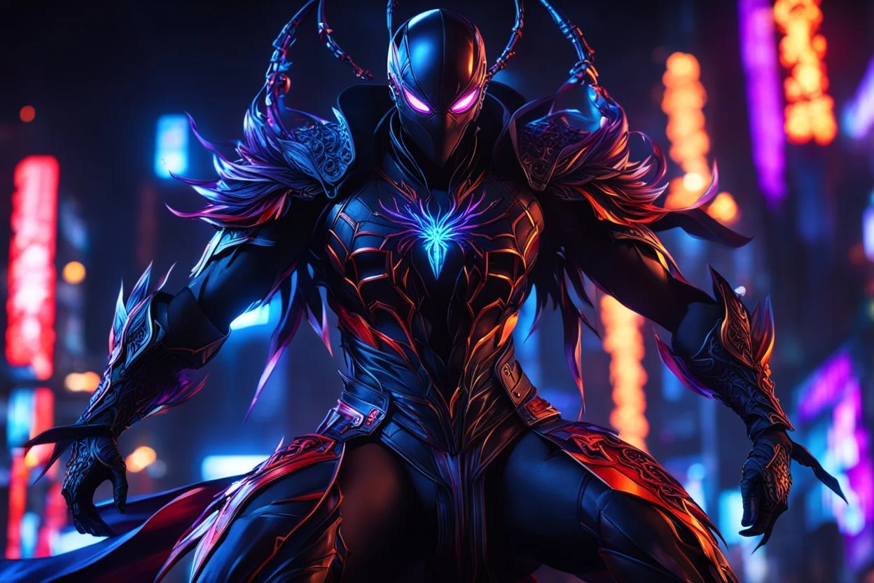 Hot Asian carnage in 8k solo leveling shadow artstyle, silk theme, spider costum, dynamic pose, oshare kei, hurufiyya, rtx , neon lights, intricate details, highly detailed, high details, detailed portrait, masterpiece,ultra detailed, ultra quality