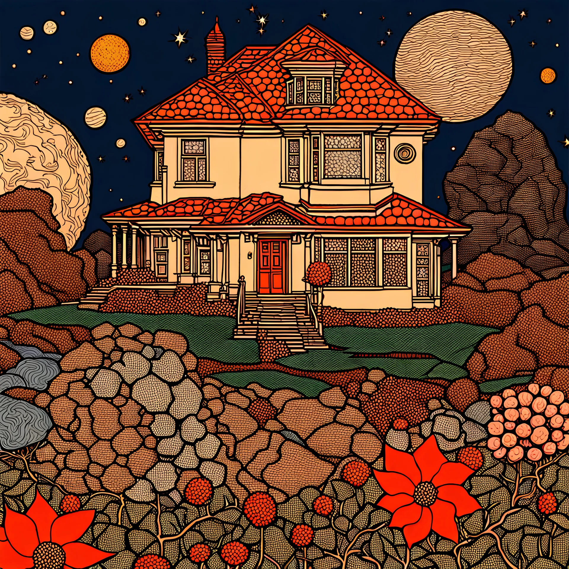 Colourful, peaceful, Egon Schiele, Max Ernst, René Magritte, house, night sky filled with galaxies, planets, stars, rocks, trees, flowers, one-line drawing, sharp focus, 8k, deep 3d field, intricate, ornate