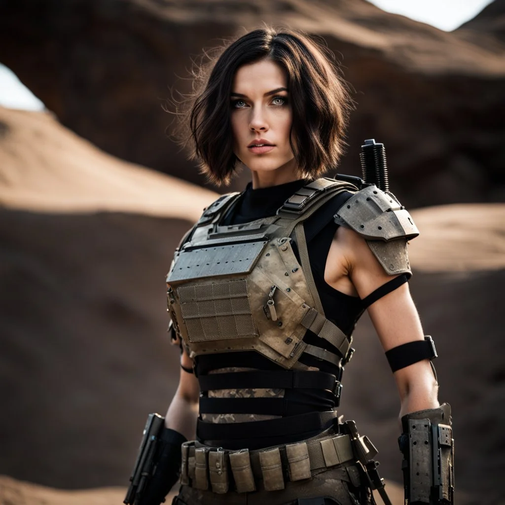 beautiful sexy caucasian female soldier, black metal body and limbs, visible cybernetic limbs, scratched sand camo, no armor, short brunette wavy bob haircut, dystopian, desert scene