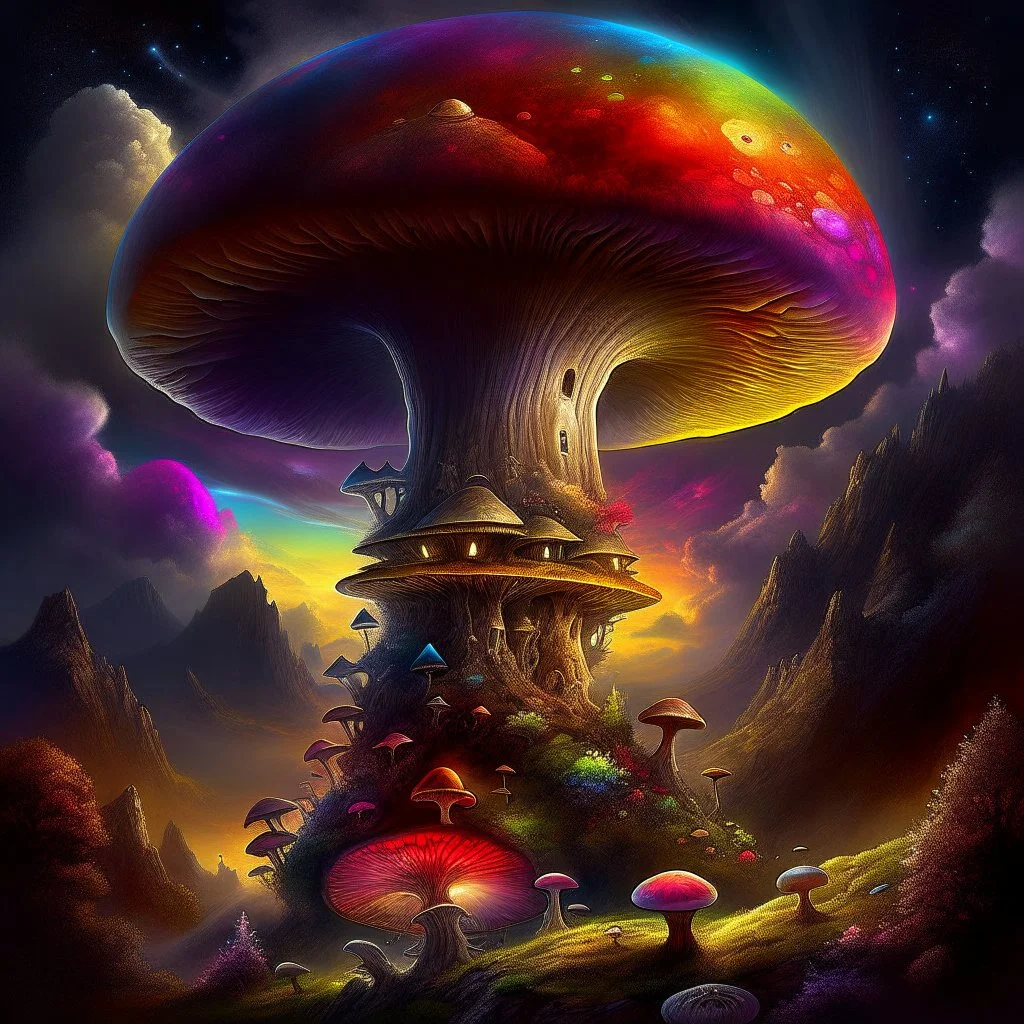 A fantabulous rainbow glowing, (((mushroom tower))) erected atop a (grassy cliff), surrounded with imaginative (((spiraling space))), contrasted by the stark hues of a (nebulous space scape), . captured by the hand a skilled master painter with a focus on (softly textured compositions and voluminous lighting).
