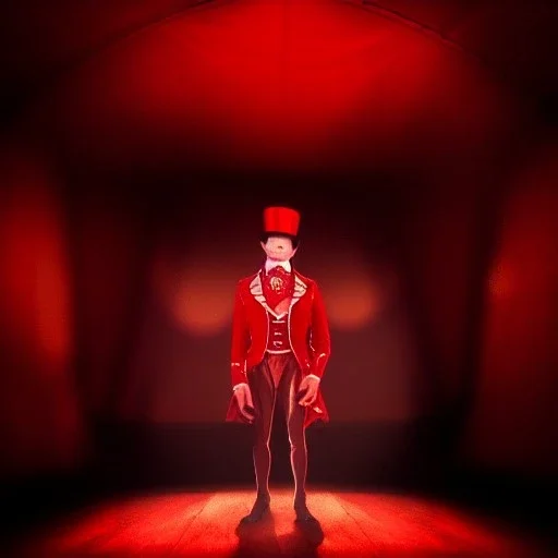 ultra-fine detailed circus ringmaster standing alone inside dark circus tent, garish red coat, desolate, dark circus, night circus, 1800s, chiaroscuro lighting , 8k UHD, matte painting, illustration, renaissance, artwork, high-quality, creepy, rocco, greg rutowski, howard lyon, alphonse mucha