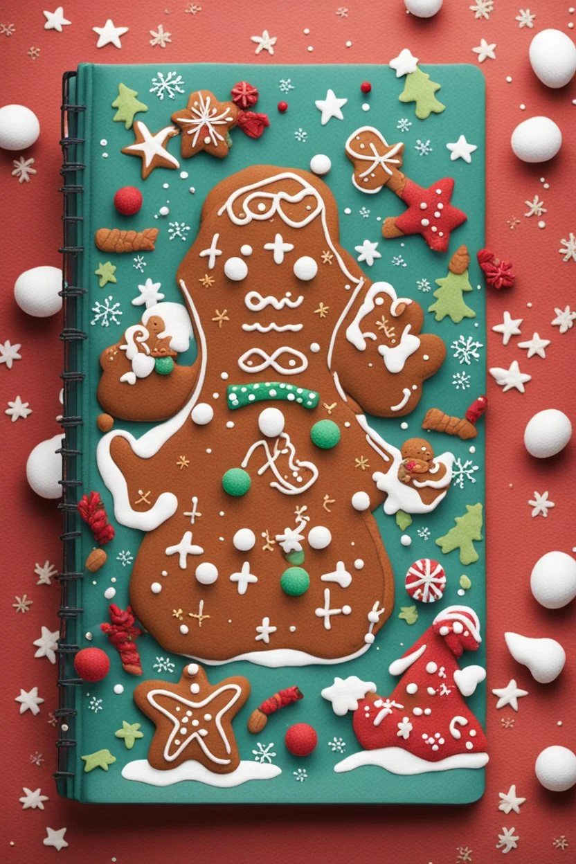 Create a bestselling notebook cover with a festive holiday theme. The design should feature a cheerful gingerbread motif and vibrant colors, evoking the warmth and joy of the season. Incorporate traditional holiday symbols for an eye-catching and must-have look during the holidays.