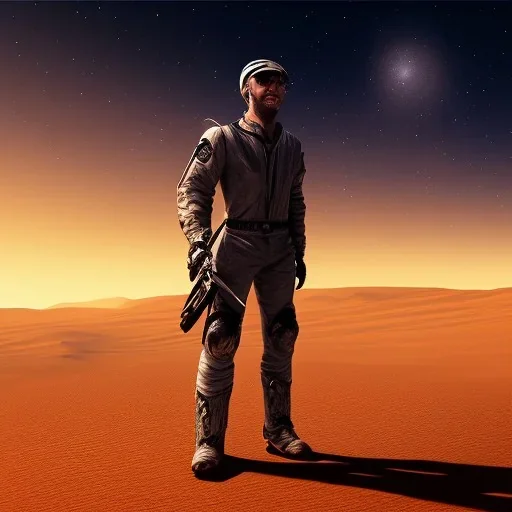 There is man in night on a desert looking at Sky