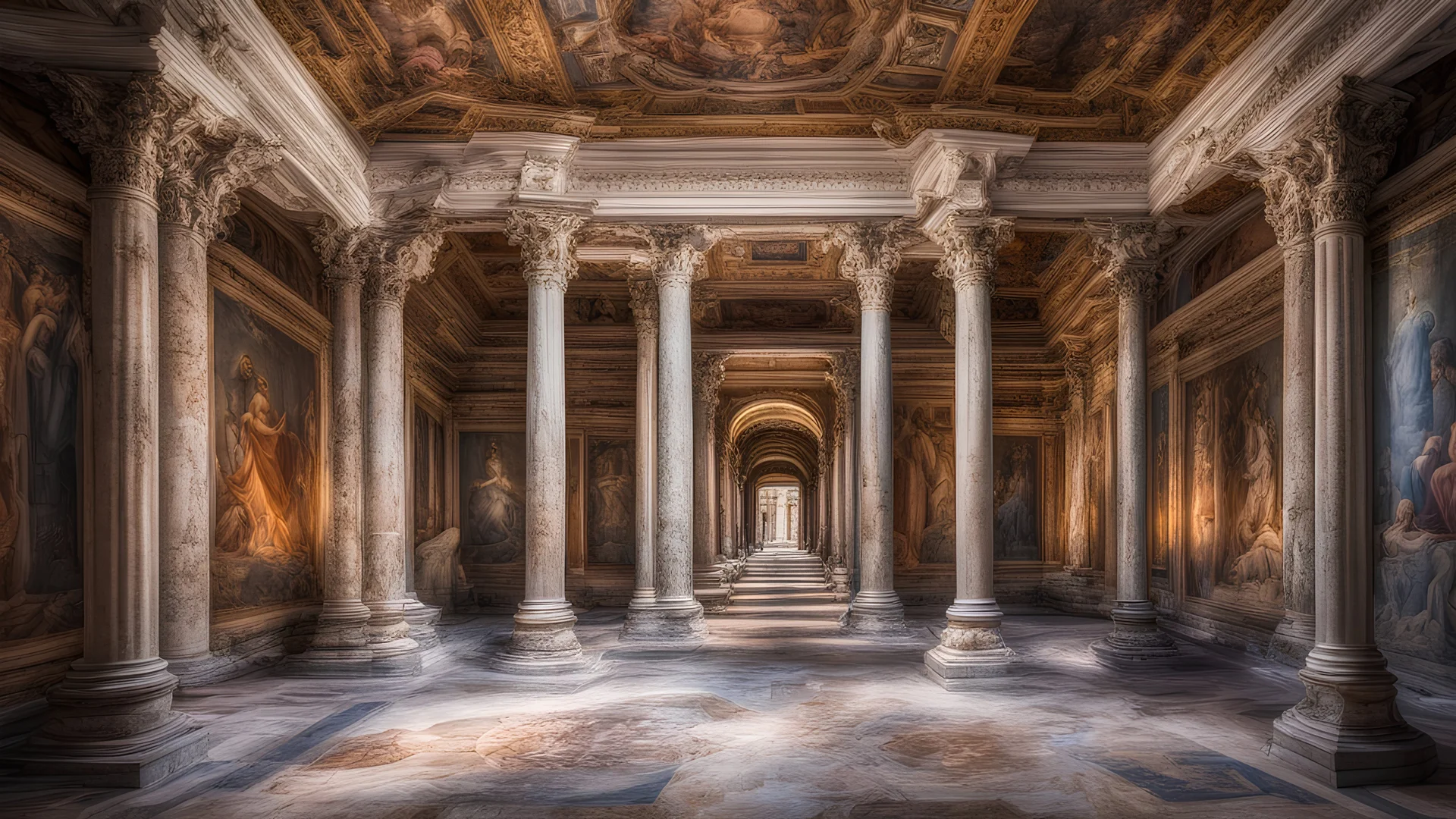 inside a palace in ancient Rome showing rooms, halls, courtyards, luxury, magnificent, marble statues, coloured pictorial tapestries, painting, dream world, calm beauty, fantasy world, magic, splendor, uplifting, inspiring, therapeutic, chiaroscuro, color, award-winning colour photograph, beautiful composition, exquisite detail, Nikon 35mm