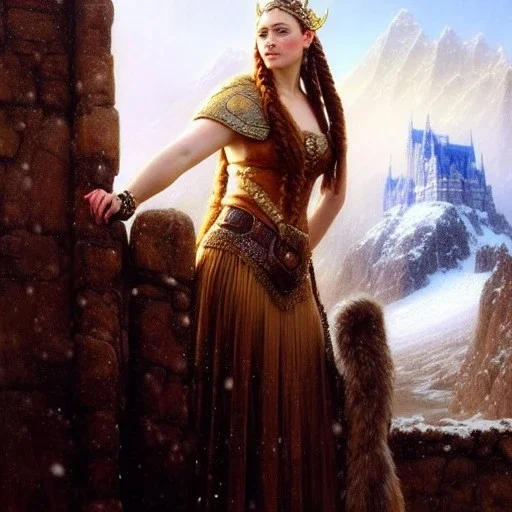 Drawing of beautiful face viking queen,braids,extra busty,snow,castle,mountains,ancient leather armor, balanciaga fashion clothe painting by gaston bussiere, greg rutkowski, yoji shinkawa, yoshitaka amano, tsutomu nihei, donato giancola, tim hildebrandt, oil on canvas, cinematic composition, extreme detail,fit full head inside picture,16k