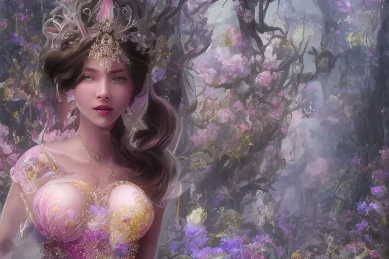 only one pretty asiatique girl dénudée just before a magical crystal flower lotus magnolia lys bougainvillier, blue gold house indian palace castle in the woods, magnolias pink,blue lake,sun,white swanns,pink vertical, blue lake,sharp, vines, candlelit, endor, ornate, elegant, highly detailed, artstation, concept art, smooth, sharp focus, illustration, 8k, splash art, wallpaper, key visual