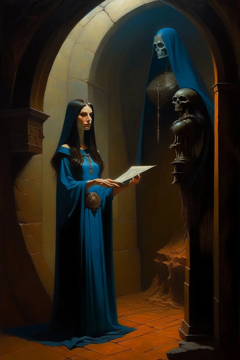 1970's dark medieval fantasy cover dnd style oil painting of a woman in a videocall with a minimalist far perspective.