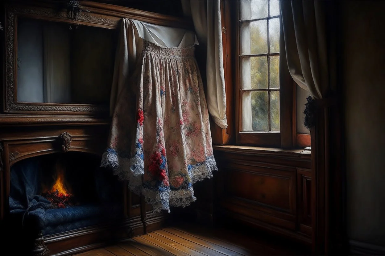 A beautiful romantic ruffled dress, decorated with beautiful embroidered flowers and lace, hanging on a hanger in a bedroom by the fireplace, in the light of the fireplace, Hyper realistic, oil on canvas award winning fantastic view ultra detailed acrylic art Ultra realistic Impressionism Surrealism simen johan, sharp focus intricate oil on canvas cinematic lighting photorealistic high detail ultra detailed crisp quality colourful