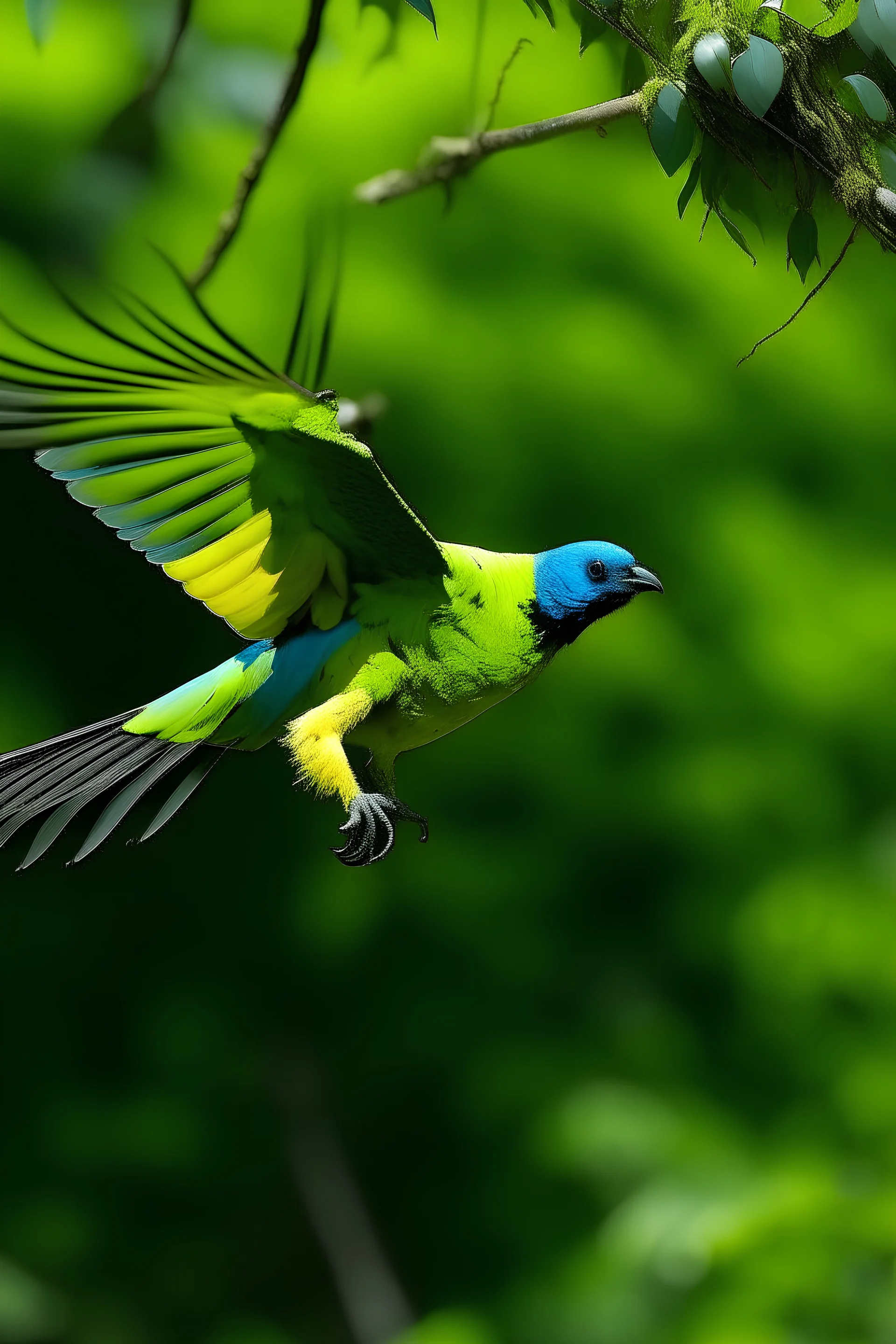 ein gelb-blau-grüner Rabe, der von einem Ast wegfliegt