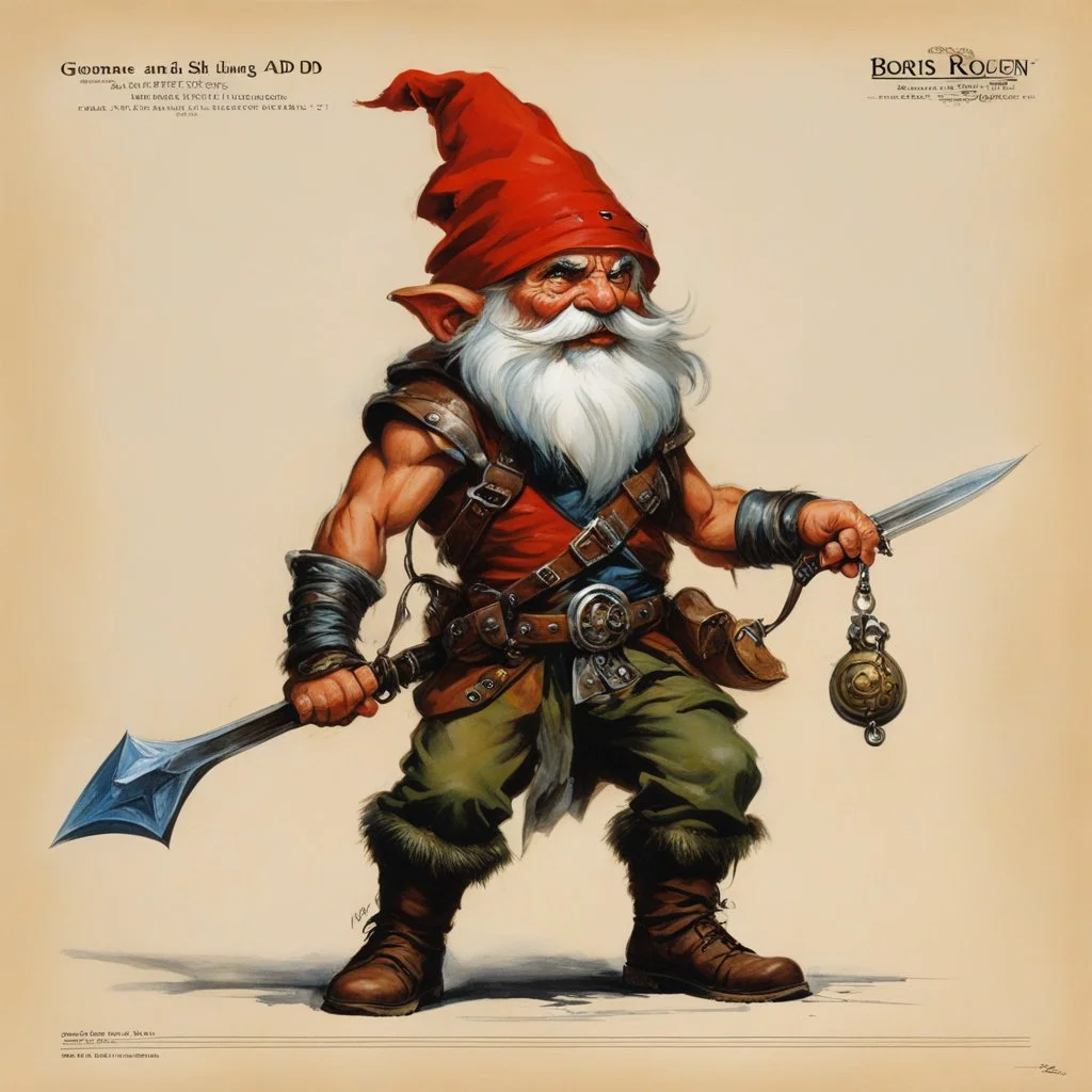 ConceptSheet [by Boris Vallejo]: gnome rogue and his sling with AD&D statistics