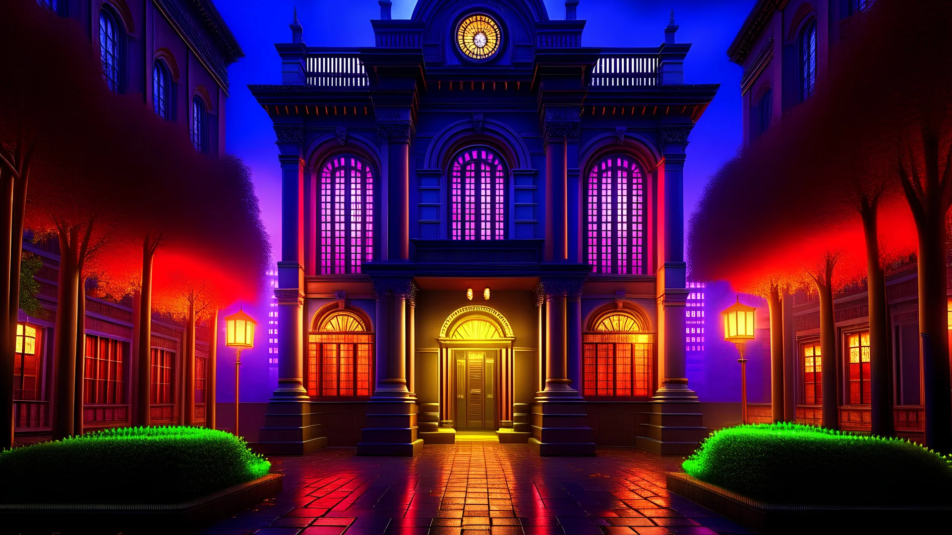 Sleek modern architectural style Gotham Stock Exchange with cobble stone paths, gas lamps, neon and synthwave lights, flashy Bill boards, autumn leaves falling, foggy weather, detailed matte painting, deep color, fantastical, intricate detail, splash screen, complementary colors, fantasy concept art,