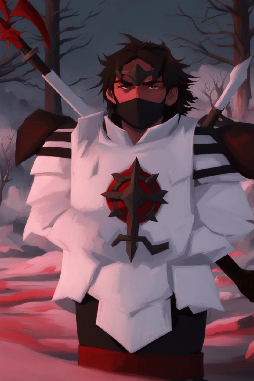 The character, in a striking white armour against a wintry backdrop stands with his hands behind his back inside the scene, he has a red and black circular symbol on his chest like a shield, a black pointed spear with a red handle on his back, His eyes are showing a dynamic expression and he wears a black oni mask with white teeth on it covering the bottom part of his mouth he has brown shoulder pads and a white belt with a bag attached to it. He has dark brown hair, he does not wear a helmet.