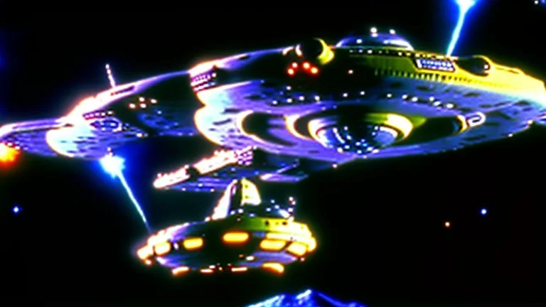 a screen capture from a star trek movie of a battle-damaged starship enterprise IN the year 2380 IS IN A BATTLE with monster ufos sci-fi meticulous, highly-polished, photorealistic, studio production, intricately detailed, GALACTIC, directed by gene Roddenberry,