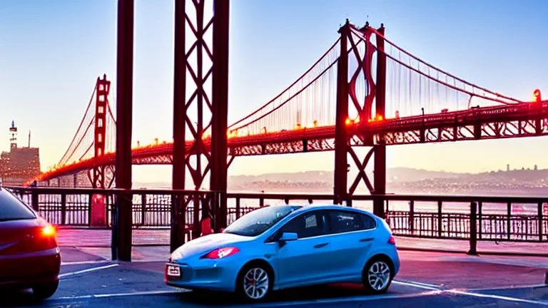 A Tesla's 'Model S Plaid' is doing donuts, over the 'Pier 39', in San Francisco. CINEMATIC. WIDE ANGLE LENS.
