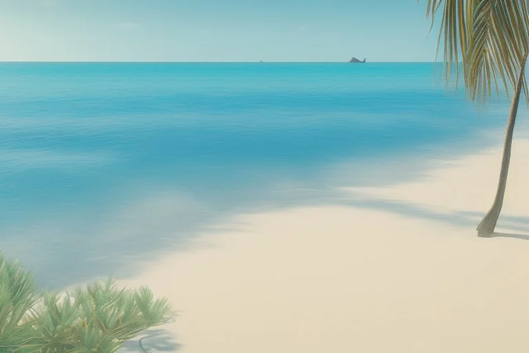 A tranquil beach setting with clear blue waters, golden sand, and palm trees.