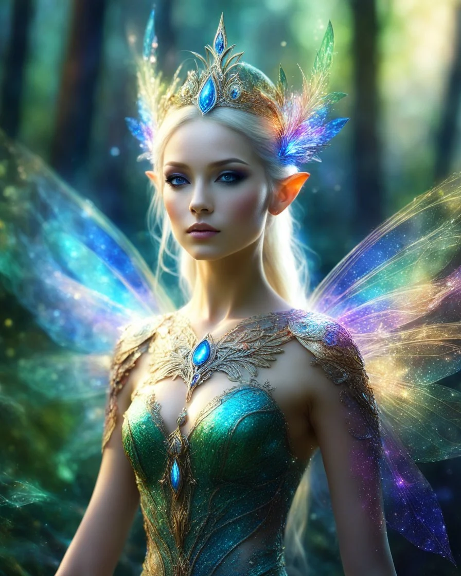 Gorgeous photography art of a bright multicolor,soft blur beautiful princess elven fairy, front illumination only, forest background, magic wake, fantasy illustration, sparks, glitter, grainy, noise, fractal crack effect, cinematic, deep depth of field, 16k resolution photorealistic, a masterpiece, breathtaking intricate details, reflective catchlights, high quality, abstract vector fractal, wave function, Zentangle,shading