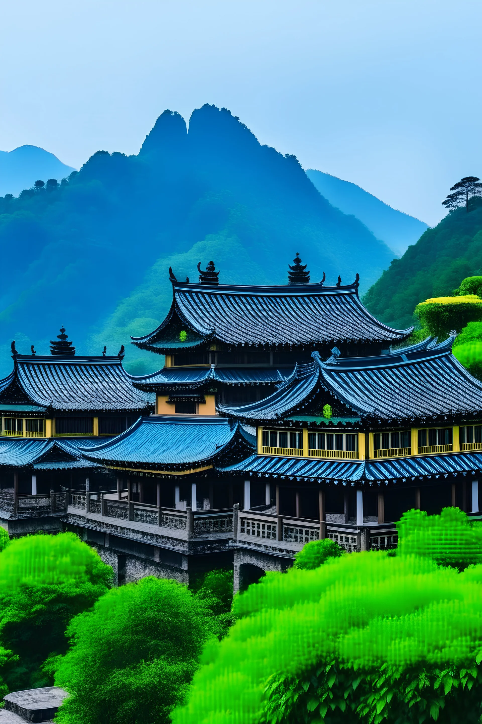 Blue mountain and five Chinese traditional building with the green rooftop at the top of mountain