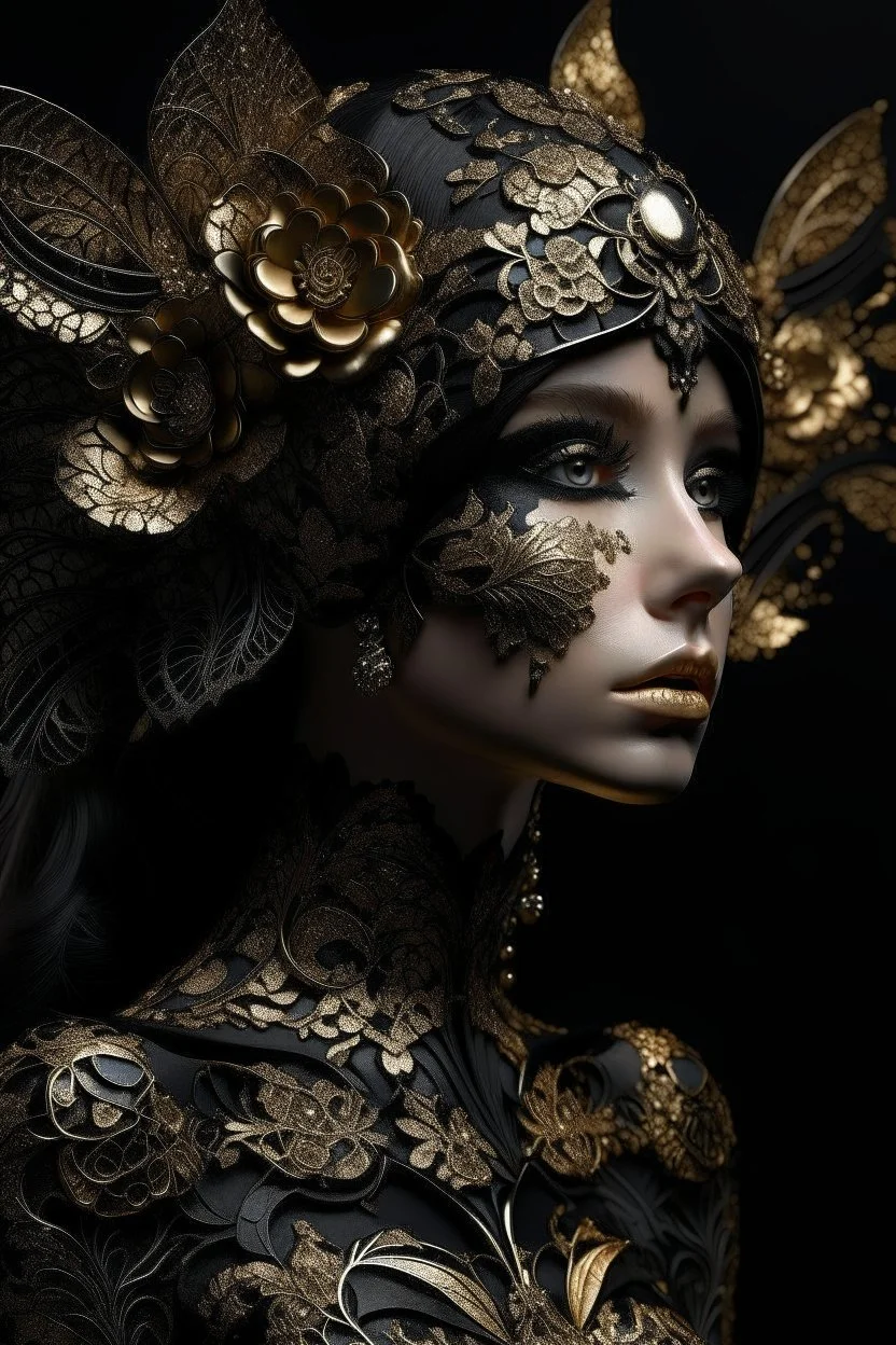 A beautiful frosty vantablack rose headdress adorned beautiful young woman wearing etherialism goled filigree black rose peatals and rose leaves embossed ornated costume ahd metallic filigree botanical Golden glittering half face. Masque organic bio spinal ribbed detail of metallic filigree vantablack background extremely detailed hyperrealistic maximálist concept art