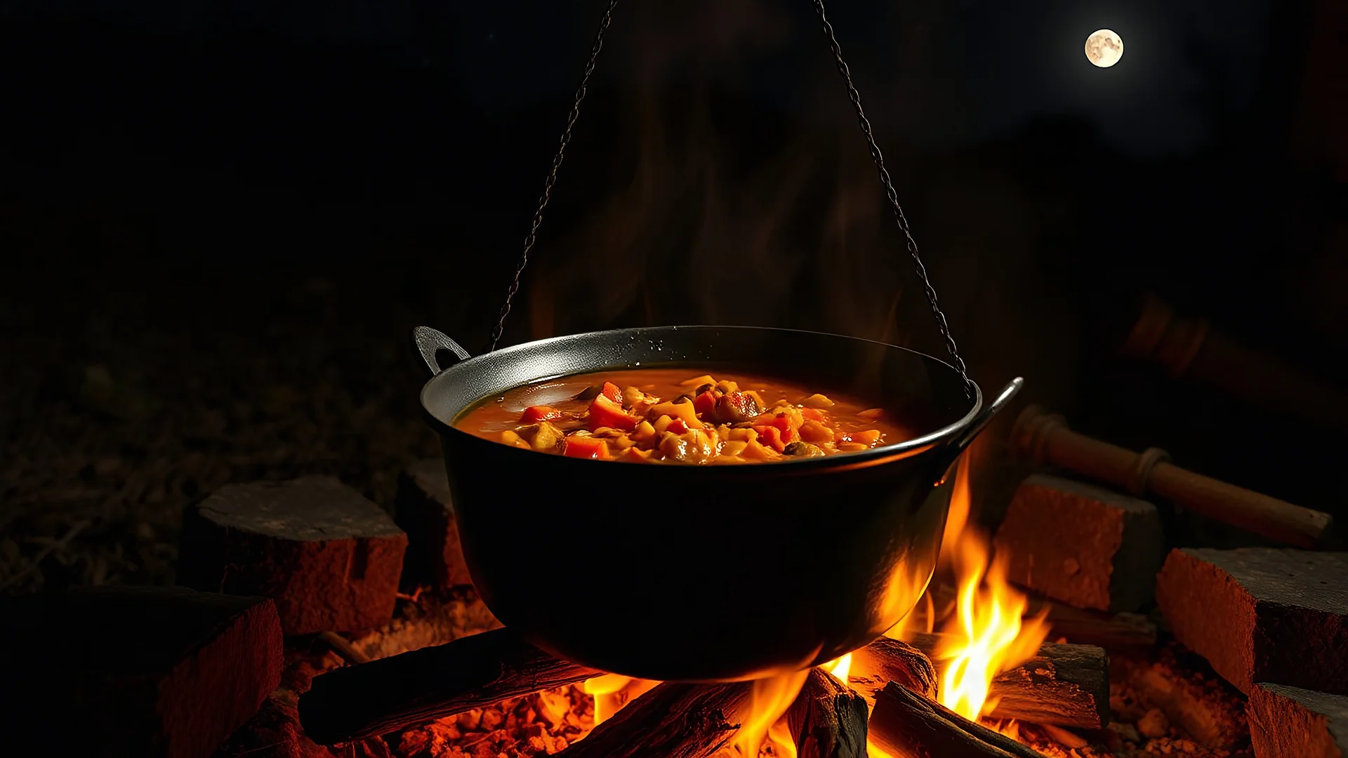 looking slightly down onto a delicious stew bubbling in a large iron cauldron suspended over the heat of a wood fire, outside, night, stars, moon, award-winning photograph, beautiful composition, exquisite detail and illumination