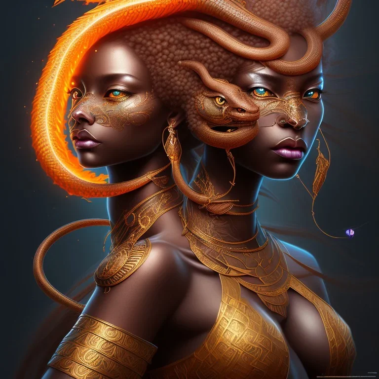 sango fantasy, fantasy magic, intricate, sharp focus, illustration, highly detailed, digital painting, concept art, matte, masterpiece snake head sexy lady body black African beauty tiger wearing African hair total head fire background