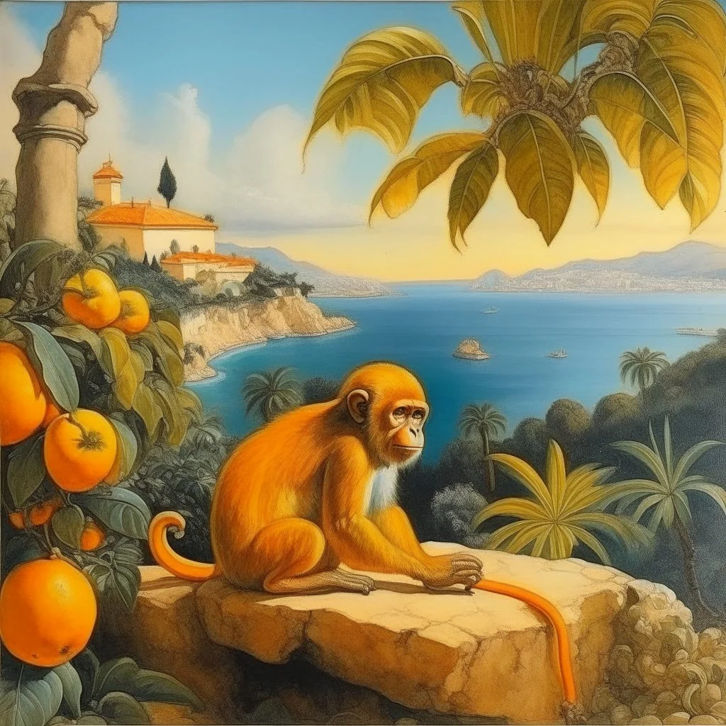 Neoclassicism realistic yellow orange cote d'azur little monkey landscape sea