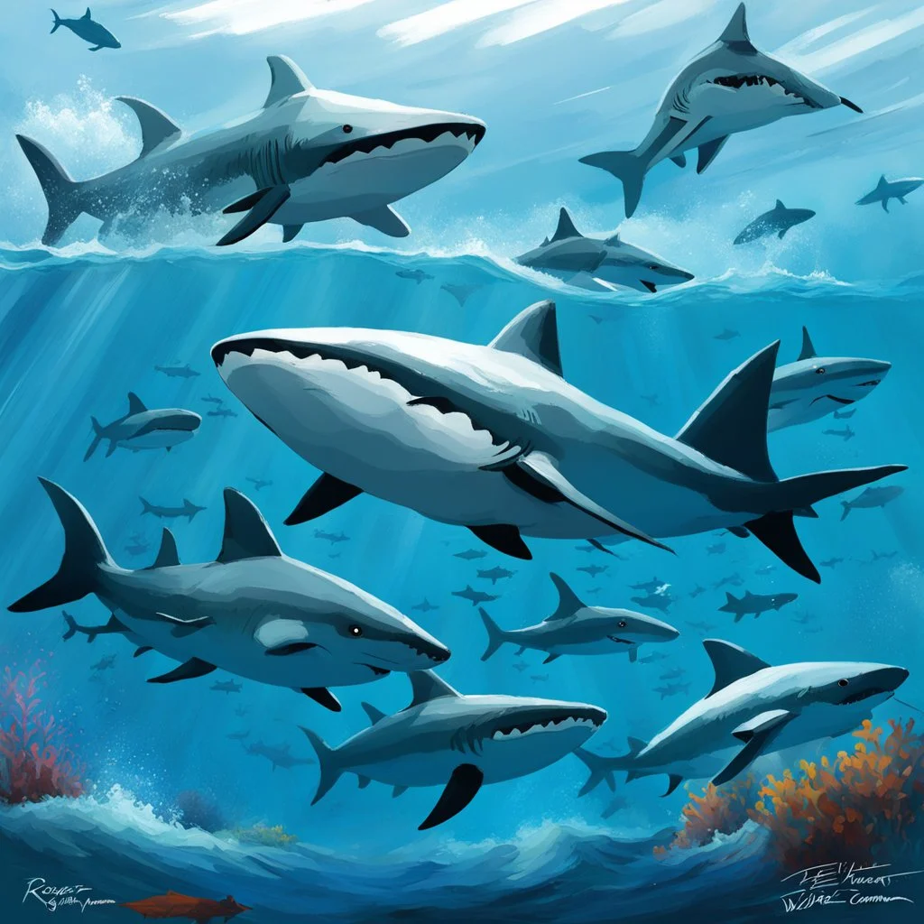 painterly digital painting, more sharks. So you think about sharks. Bigger! Wilder! Whoa! Not that big. Forget it. You will do what you always do. Hand in the art right when they need it. Too late to change. Pisses them off. Something really weir this time. An editorial cartoon by Roger Corman. You mean w-e-i-r-d. No... they're on to me. Overall, it's an absolute world-class masterpiece painterly digital painting. It's an aesthetically pleasing painterly digital painting with impeccable atten