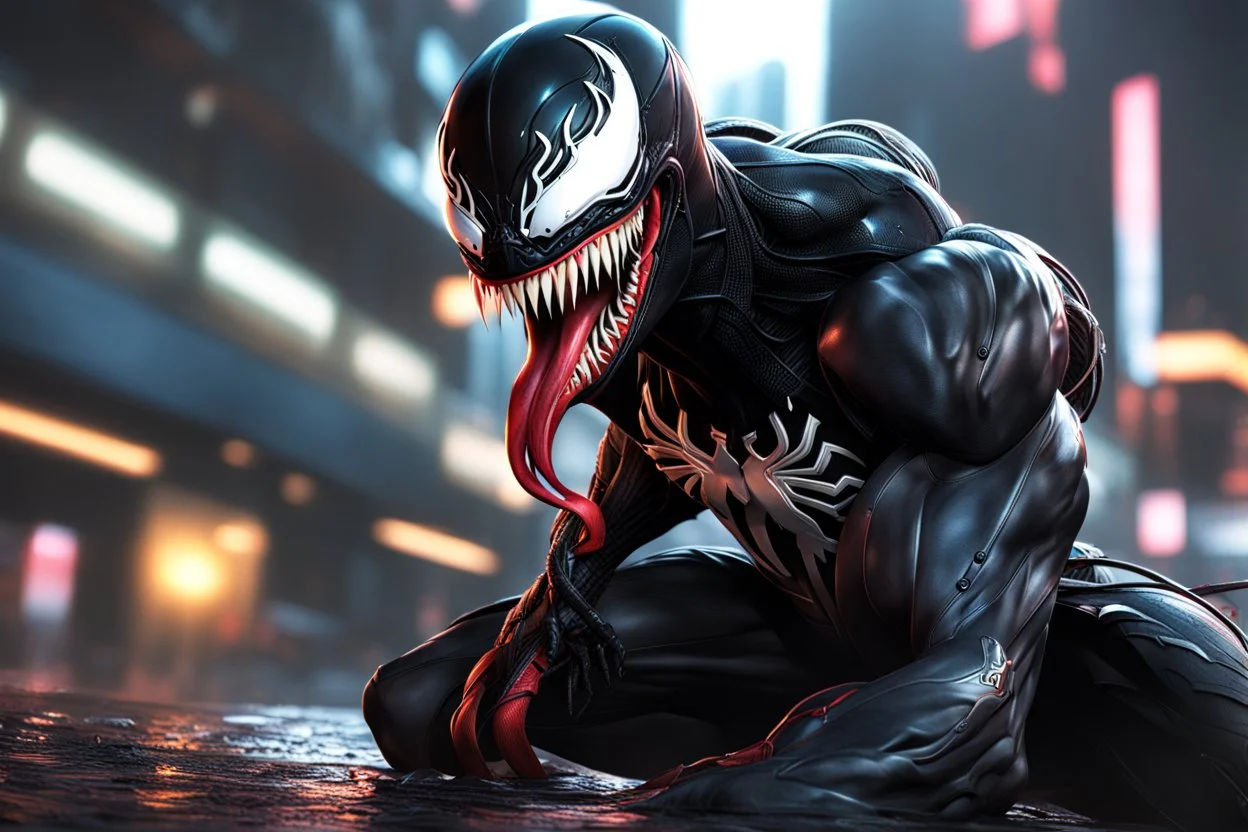 Venom in 8k cgi game drawing style, spawn them, close picture, rain, neon, intricate details, highly detailed, high details, detailed portrait, masterpiece,ultra detailed, ultra quality