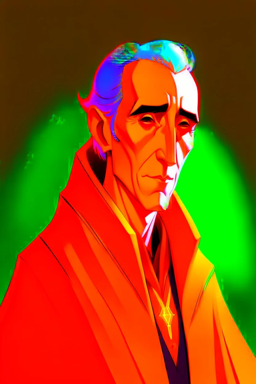 A portrait of Christopher Lee in his thirties as an elf mage, dressed in an expensive orange medieval shirt, in the style of Genndy Tartakovsky, long pointy elven ears, dark background