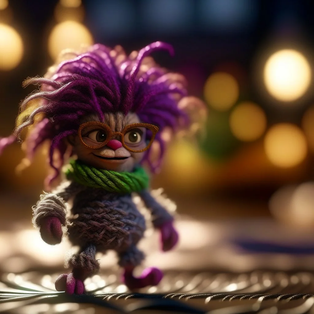 outline, knitted hairy pimp groove funk fairy gremlin hippie in running inside big thread mill on beach ,bokeh like f/0.8, tilt-shift lens 8k, high detail, smooth render, down-light, unreal engine