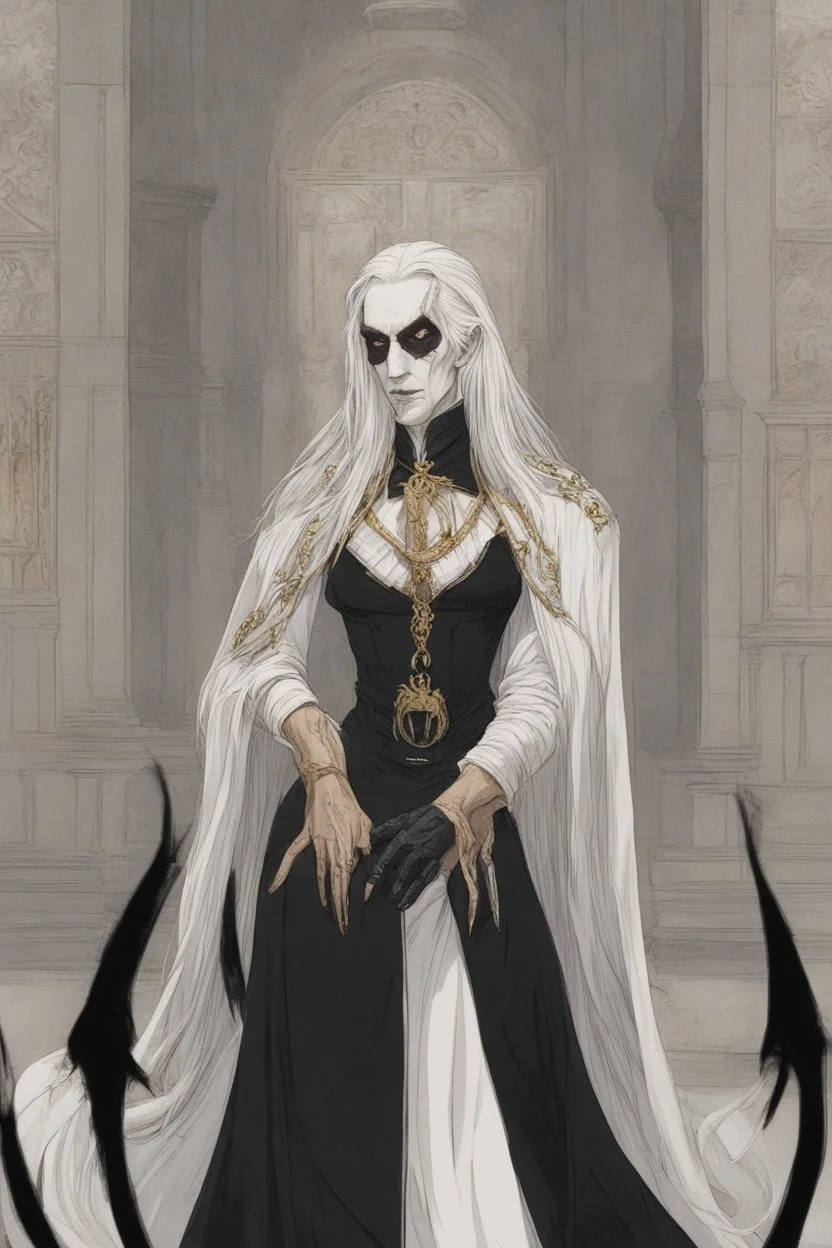 Toomb of the vampire Count Strahd Von Zarovich. Grand room, stone and marble, dark, black coffin made of polished ebony wood and brass. No windows. Strahd bracing his arm on the coffin, being kissed by a woman with long white hair.