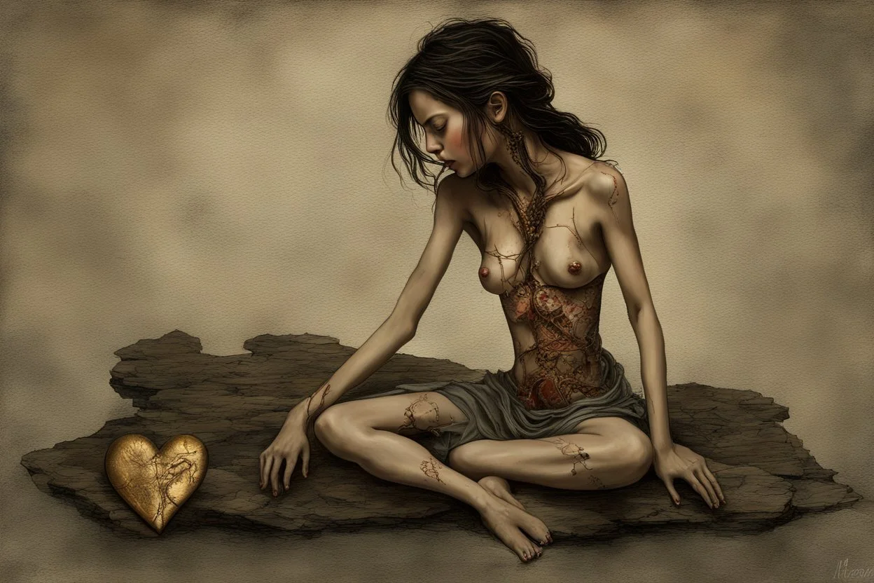 A sad and broken beautiful young woman is sitting on a stone holding a broken metal heart in her hands; perfect anatomically correct hands, perfect anatomically correct feet, mixed media collage, textured, layered, assemblage, inspired by Brian Viveros and Esao Andrews, elements of kintsugi on the edges of the heart with a gold and oxidized copper patina, backdrop of tumbleweeds and cacti interspersed with delicate flowers and subtle bokeh effects, the entire composition exuding an aura of grief