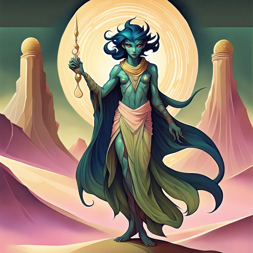 Bordered digital art of a Desert Djinn 10, in the style of torat and art deco, with olive green, pastel pink, rich blues and Shimmering golds accents. Fantasy art. High quality, masterpiece. Dungeons And Dragons