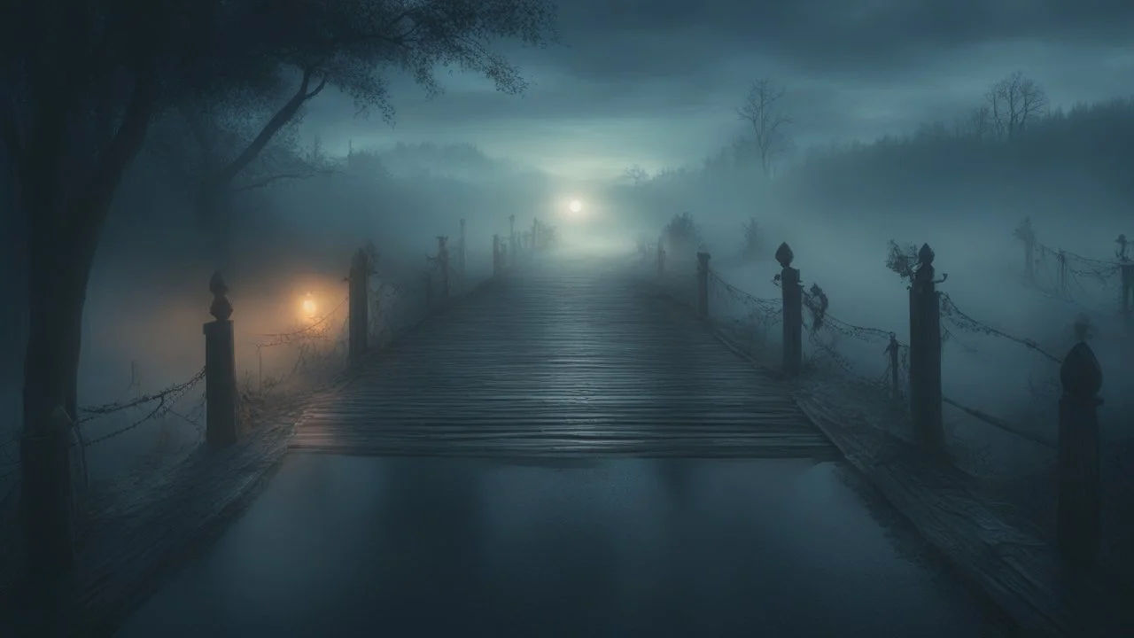 walking straight ahead over a wooden bridge, holding the angel of death with your right hand, entering the fog at the end of the road that leads to the afterlife, and a beautiful sunset and galaxy's behind the fog, realistic