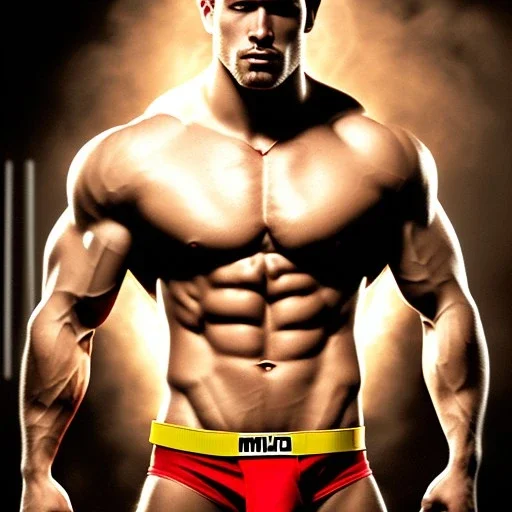 Ignore NSFW, teenager young rugged attractive slightly muscular fantasticly handsome blonde man, red briefs with yellow belt, hairy chest, (((visibly pisssing))) briefs, large erect visible boner peniss, photorealistic, artist Jay Anacleto, soft lighting, scruffy beard