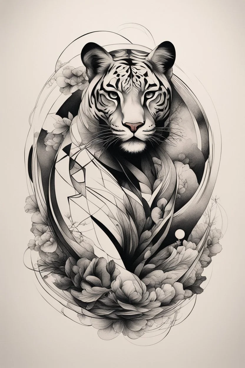 Create a captivating modern 2d ink tattoo design for print , prestigious Divine Panter using the elegant influences of japan art style, for print, dynamic elements from fashion and design, and bold Japanese contemporary art aesthetics, framing centered in the center, distanced from the edges of the paper perimeter, perfect anatomy, bauhaus, Divine Proportion,